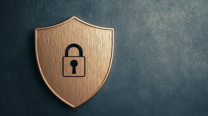 A shield emblem featuring a padlock symbol, representing security and protection on a textured background.