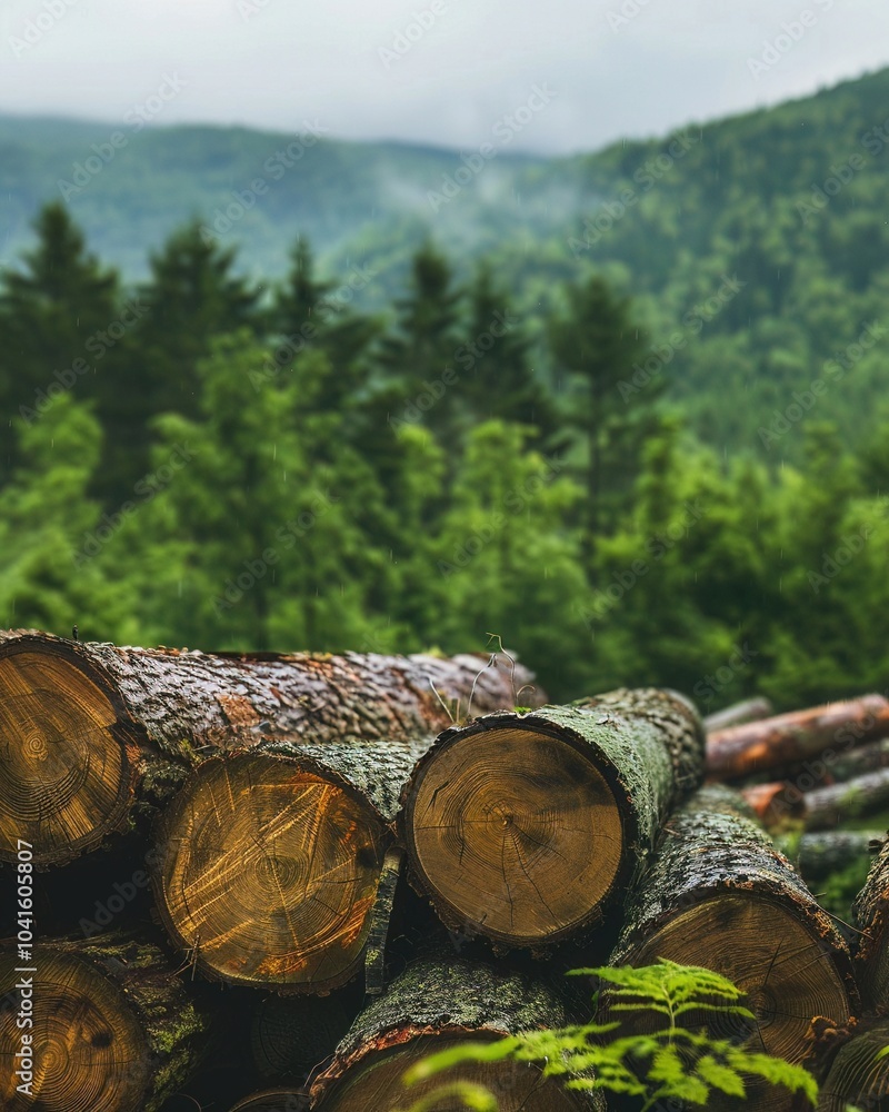 Poster a tranquil forest scene highlights neatly stacked timber logs with textured bark and smooth ends. lu