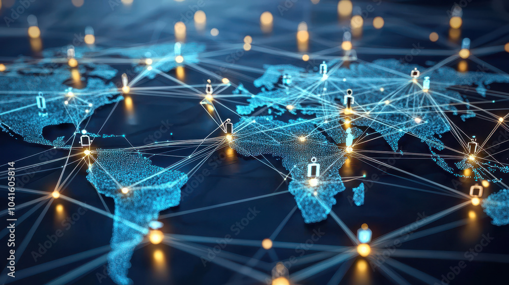 Poster digital world map illustration with glowing connections symbolizing global networking, technology, a