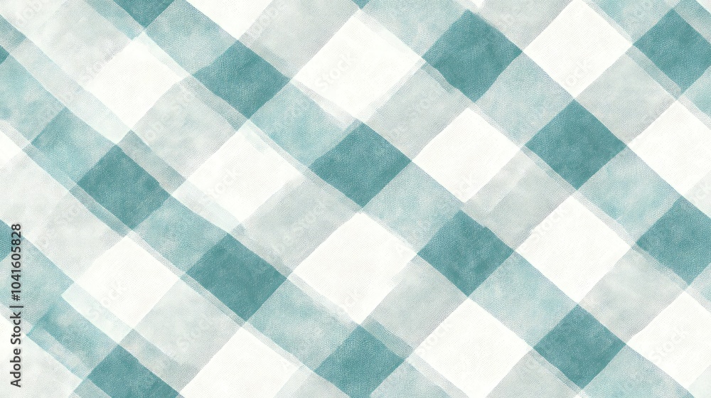 Poster seamless and repeating textured fabric background in pale teal and white diagonal checkers