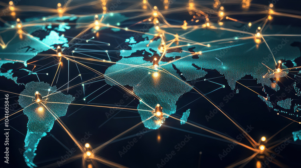 Leinwandbilder digital world map with glowing connections representing global networking and data transfer across c