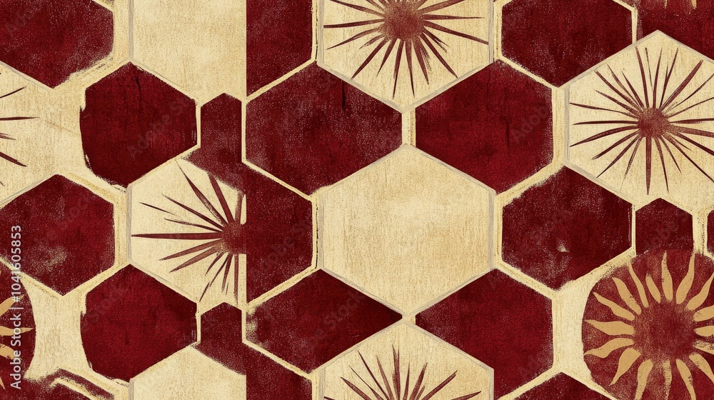 Poster seamless hexagonal pattern featuring a burgundy red and beige sun design turning clockwise
