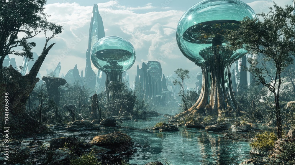 Poster 3d render of a futuristic sci fi landscape depicting a post apocalyptic scene with an abstract alien