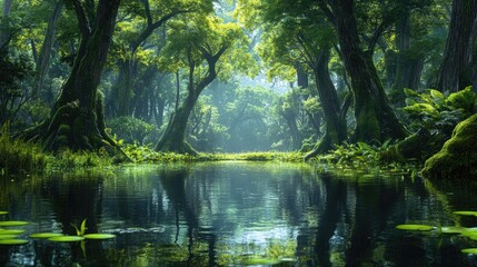 Lush forest swamp scenery ideal for a fantasy setting featuring a summer jungle with a tranquil lake and captivating natural park views Panoramic depiction of a deciduous wetland and tree silhouet