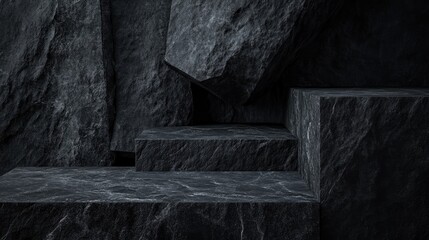 Dark geometric stone background featuring a minimalist design for product display or showcase emphasizing a spa charcoal concept 3D rendering