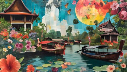 Obraz premium Tropical Collage with Boats Houses and Flowers