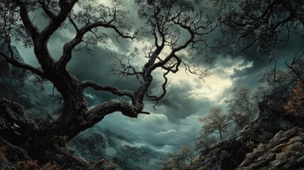 Landscape wallpaper depicting a black forest scene with tree branches and clouds ideal for canvas murals on walls