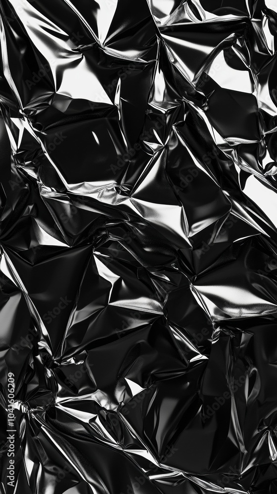 Poster crumpled black plastic foil reflects light in abstract pattern, with futuristic design and metallic 