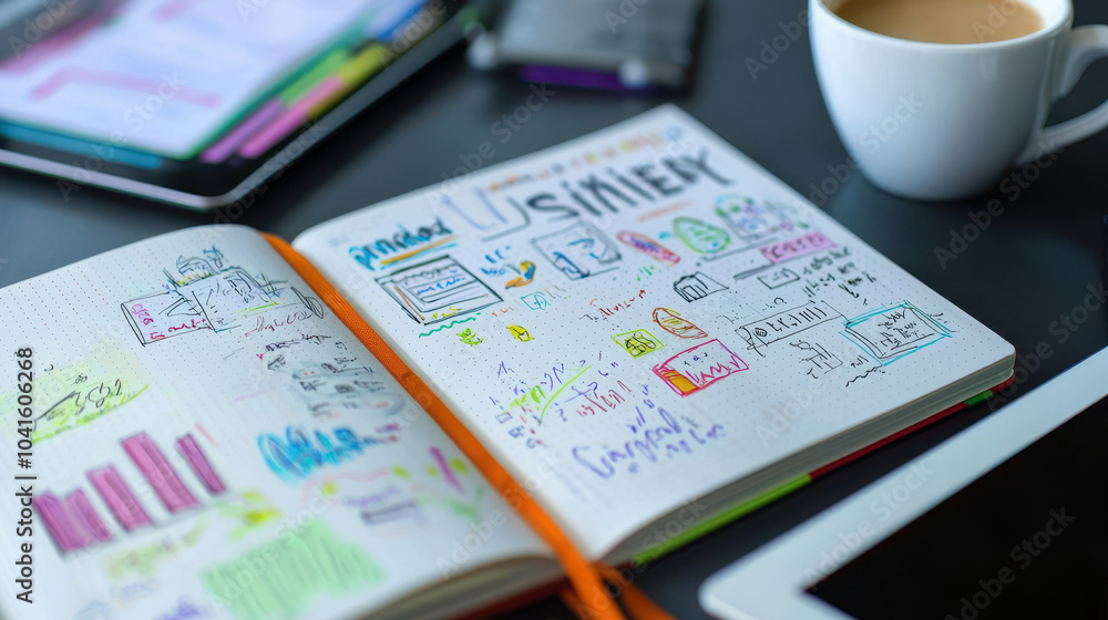 Poster creative brainstorming session with colorful sketches and graphs in a notebook beside a coffee cup a