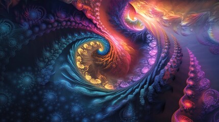Magical fractal landscapes featuring vibrant shapes and hues Repetitive patterns and swirling designs showcase the boundless creativity of the mind through stunning mathematical artistry