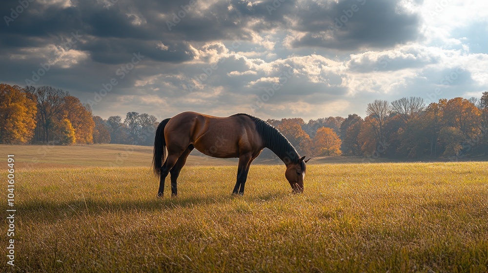 Poster A horse is grazing in a field with trees in the background