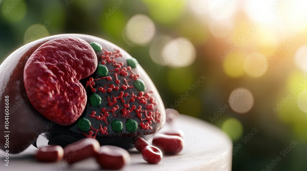 Poster close-up of a liver cell with visible endoplasmic reticulum and ribosomes with copy space