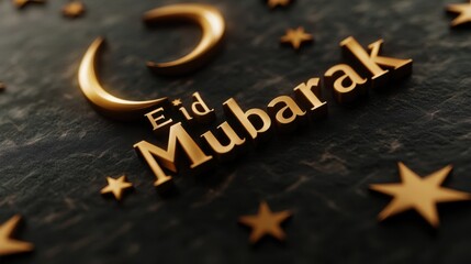 Celebrate Eid with this elegant visual of Eid Mubarak in golden lettering, set against a textured backdrop of stars and a crescent moon, embodying the festive spirit.