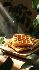 Fototapeta premium Stack of golden-brown waffles sits on a wooden plate, illuminated by beams of sunlight filtering through lush green leaves