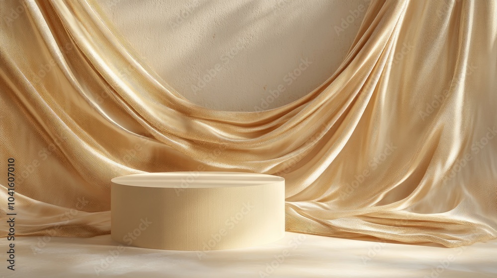 Aufkleber elegant backdrop for branding and product showcase beige podium draped in flowing gold fabric 3d ren