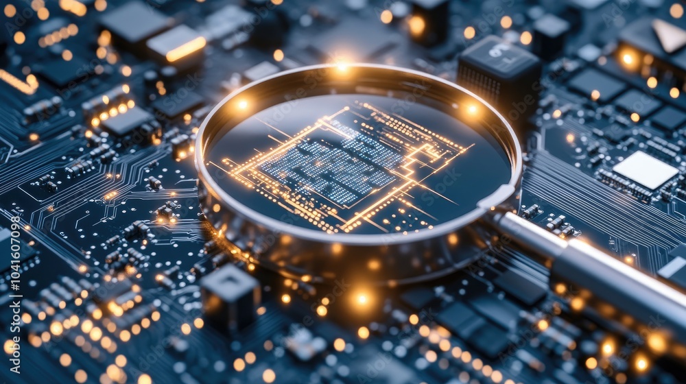 Poster a magnifying glass hovers over a blue circuit board, representing the intricate details of data anal