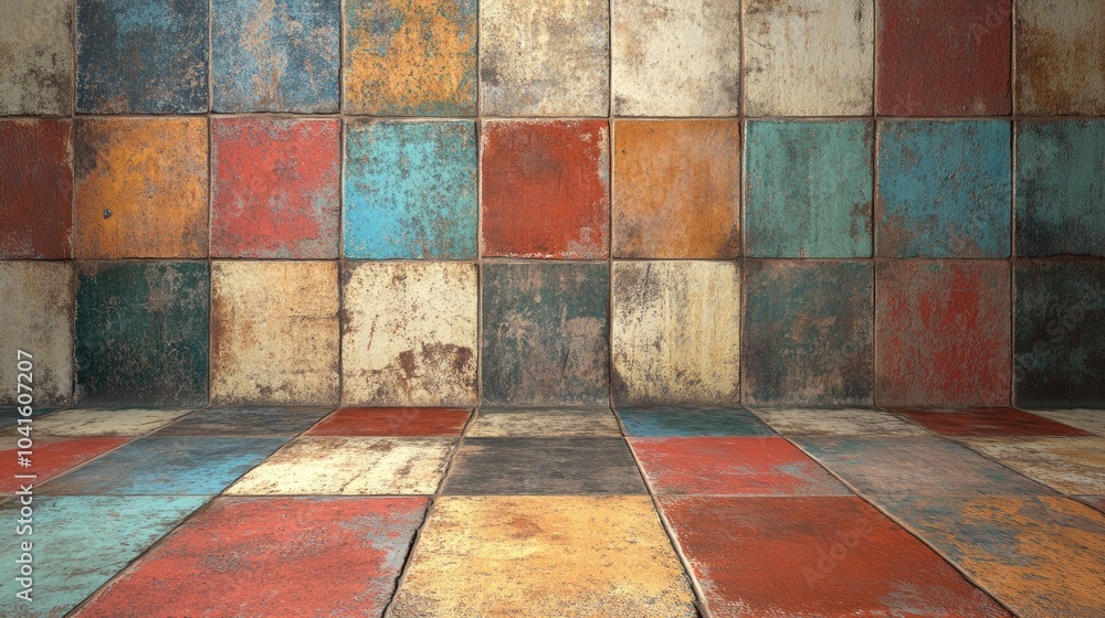 Poster 3D rendering of an aged rustic background featuring colorful wall or floor tiles with weathered paint