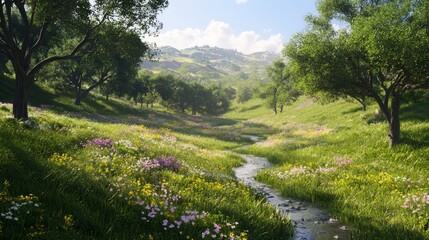 Serene Wild West Landscape with Rolling Hills and Winding Creek Surrounded by Towering Trees and Wildflowers in Ultra-Detailed Cinematic Light