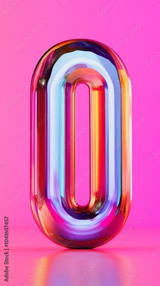 Poster bold 3d rendering of number zero with colorful reflections on a shiny pink background, featuring a m