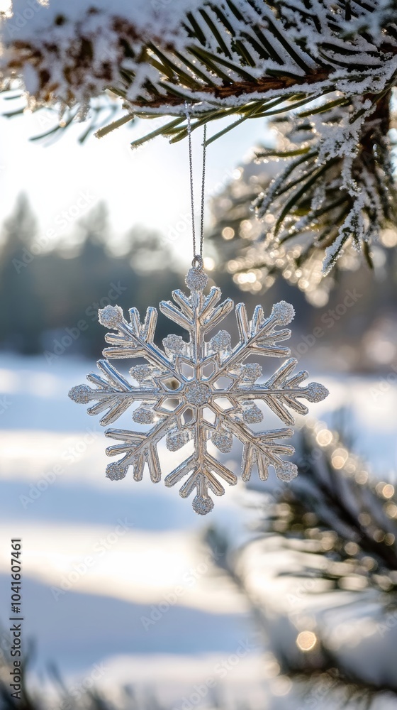 Poster silver snowflake ornament is hanging from a snow covered pine tree branch, sparkling in the sun with