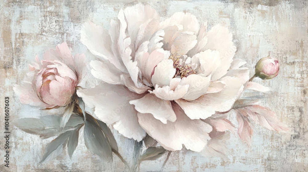 Poster large peony artwork on a textured background in soft pastels ideal for integrating photomurals into 