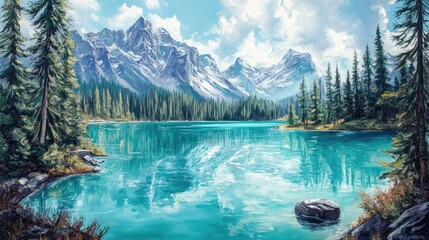 Oil painting depicting breathtaking turquoise waters of a scenic lake featuring vibrant blue tones and captivating natural beauty