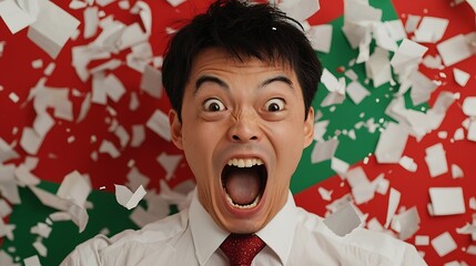 Exciting celebration a man's exhilarated reaction amidst colorful confetti and shredded paper embracing joyful moments of festivity