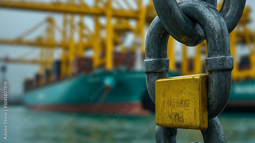 Poster exploring maritime security a close-up of a lock on a chain with container ships in the background a