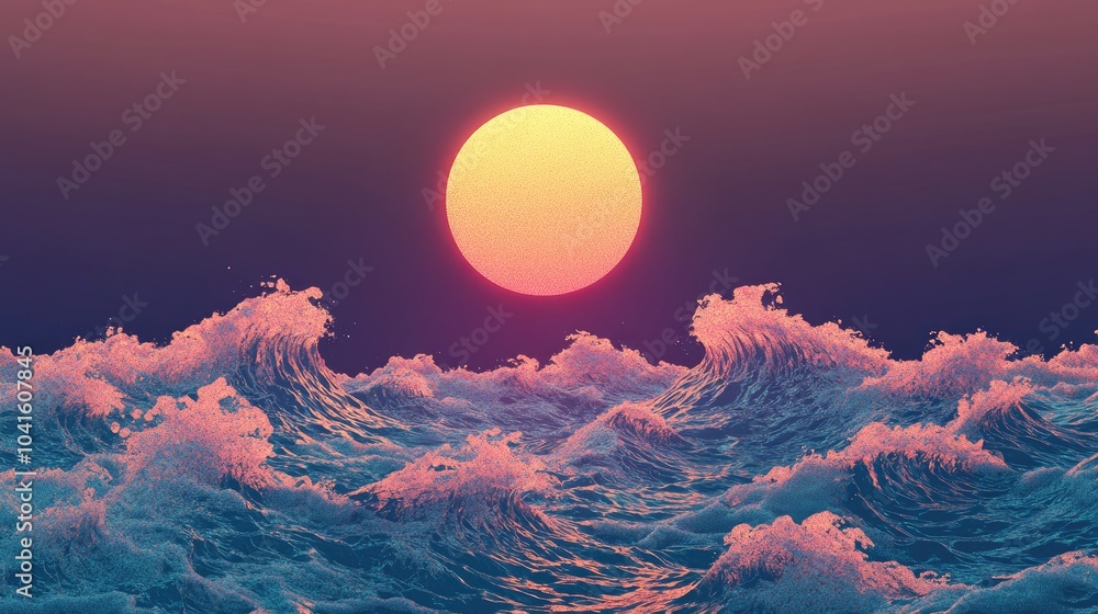 Poster 2d cartoon illustration depicting sea waves and the sun utilizing a noise pattern and pointillism st
