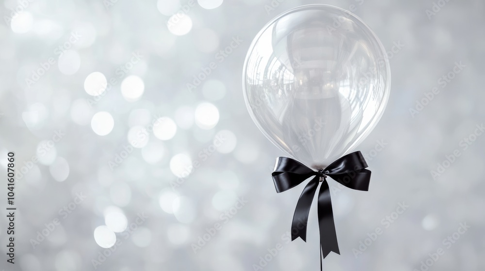 Poster transparent balloon is floating with a black ribbon tied to its bottom. creating an elegant and mini