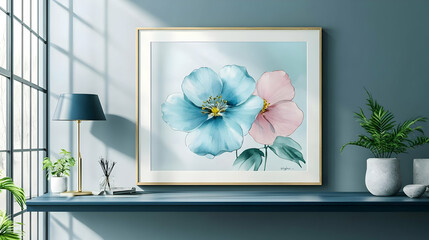 Blue and Pink Watercolor Flower Artwork on a Shelf