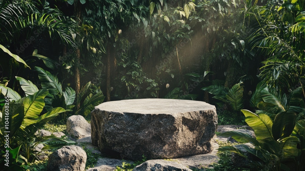 Aufkleber empty rock pedestal for product presentation in a jungle setting 3d rendering