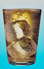 Cold beverage with big ice cubes and loads of carbonated bubbles.
