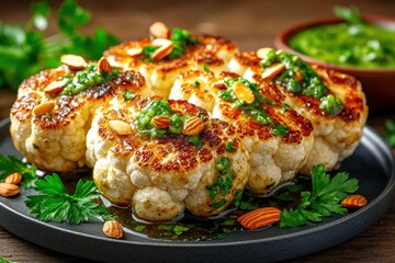 Concept of vegan food with plant-based ingredients. Grilled cauliflower steaks topped with herbs and almonds, served with a vibrant green sauce, showcasing a delicious, healthy dish