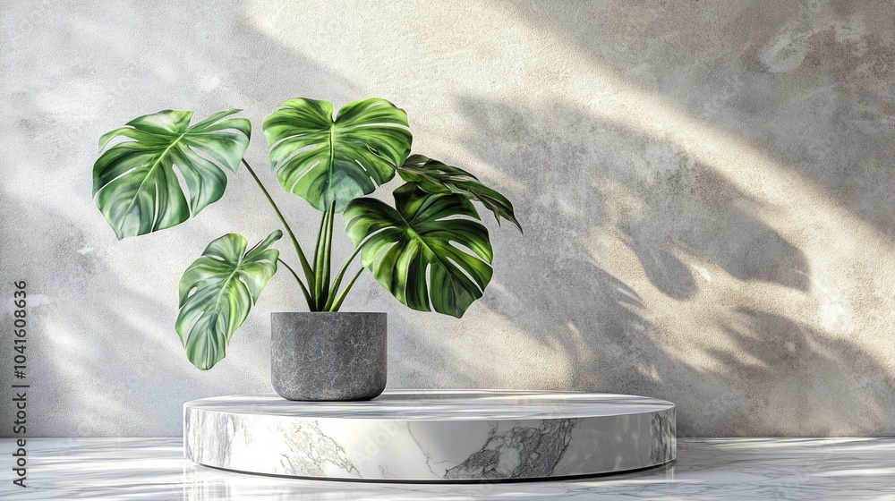 Poster 3d rendering of a marble podium designed for showcasing products adorned with a monstera plant pot f