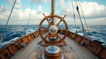 A close-up view of a ship's wooden wheel against a backdrop of ocean waves and cloudy sky, capturing the essence of maritime adventure.