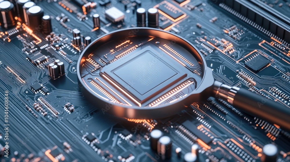 Poster a magnifying glass hovers over a blue circuit board, representing the intricate details of data anal