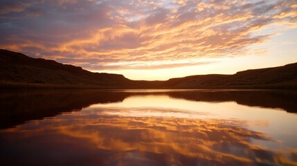 Obraz premium Tranquil Wild West Sunset over Lake with Colorful Cloud Reflections - Serene Western Landscape with Cinematic Light
