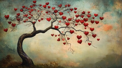 A whimsical tree adorned with hearts along its curved branches symbolizing love and romance