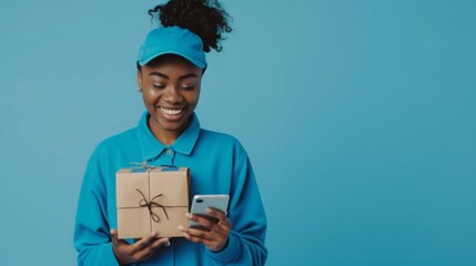 A cheerful black female courier in blue uniform stands against a blue background, holding a small package and smiling at her phone.