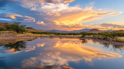 Fototapeta premium Sunset Serenity: Captivating Wild West Tranquility at the Lake with Reflective Clouds and Cinematic Lighting