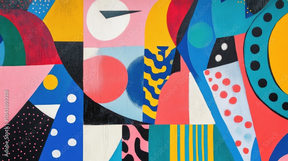 Poster colorful geometric forms featuring whimsical figures abstract non representational patterns memphis 