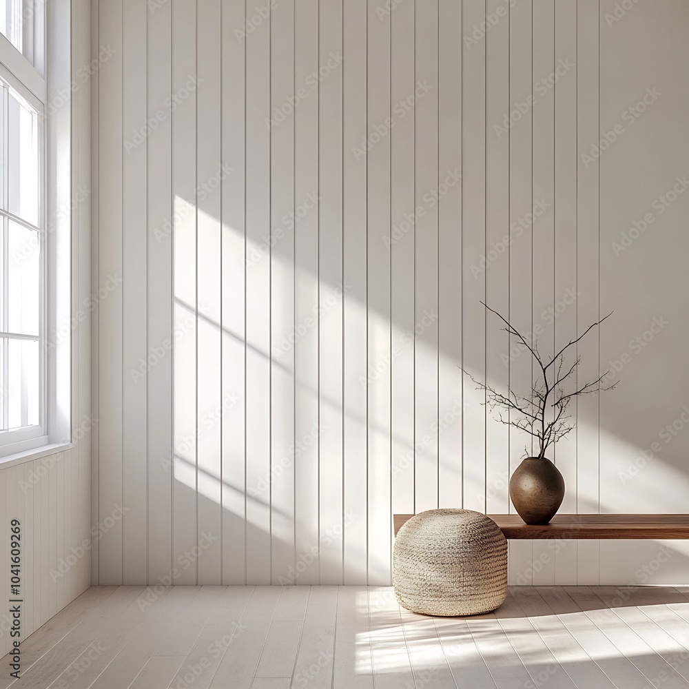 Poster minimalist white paneled wall background with clean vertical lines and subtle texture adding depth a