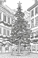 Fototapeta premium Coloring book illustration of a Christmas tree in a charming town square featuring iconic alpine architecture and festive decorations