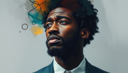 A thoughtful man in a suit gazes upwards with colorful abstract thoughts swirling above his head, captured in a creative portrait