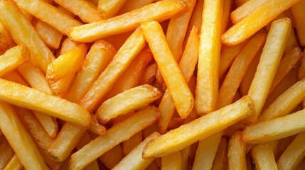 A close-up view of golden, crispy French fries piled together, showcasing their texture and vibrant color against a neutral background.