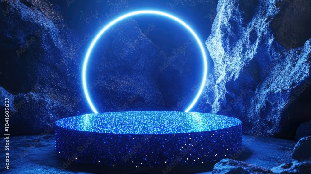 Poster realistic blue cylindrical podium with illuminated glitter and circular neon light in a futuristic d