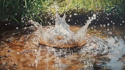 Fototapeta premium Oil painting depicting water splashes in a pond showcasing the interaction between water and the surrounding elements