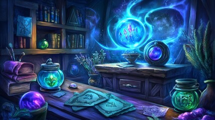Magical Fantasy Workshop with Potions  Crystals  and Mystical Items