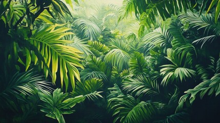 Oil painting of lush green leaves in a tropical forest featuring an illustrative concept that highlights the beauty of nature